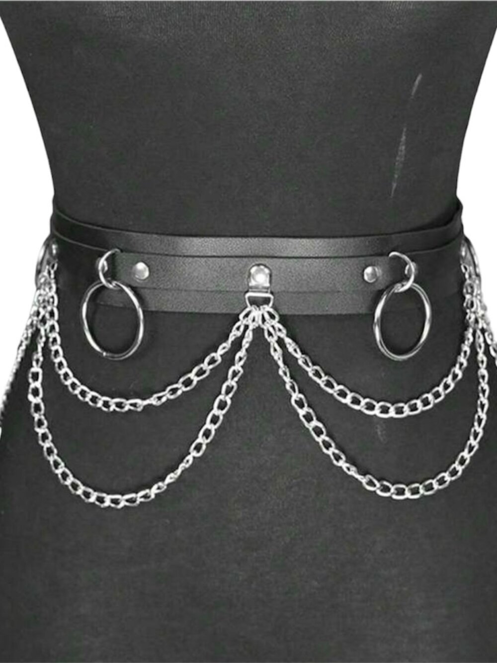 Black PU Leather Layered Chain Waist Body Harness